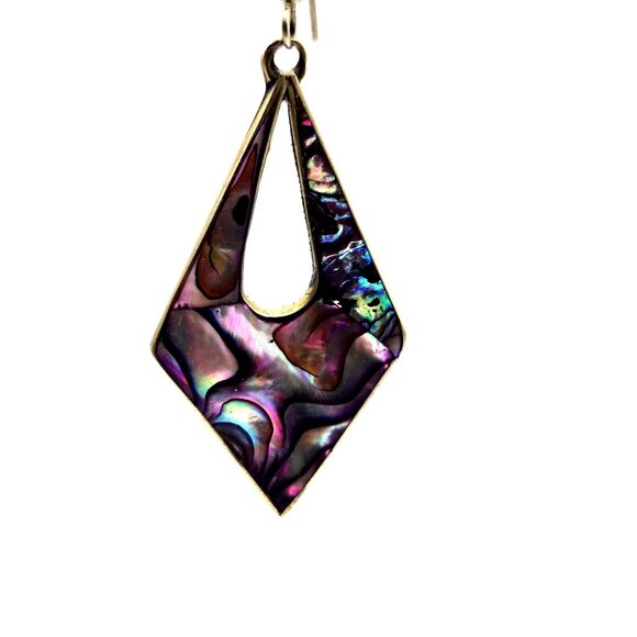 Vintage Purple Abalone Shell Sterling Earrings 2.5" marked Alpaca Mexico - Picture 1 of 6